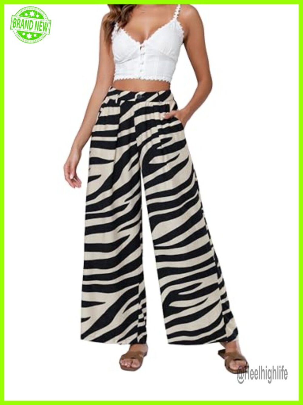High Waist Wide Leg Palazzo Dress Pants Elastic Waist Button Zipper Office